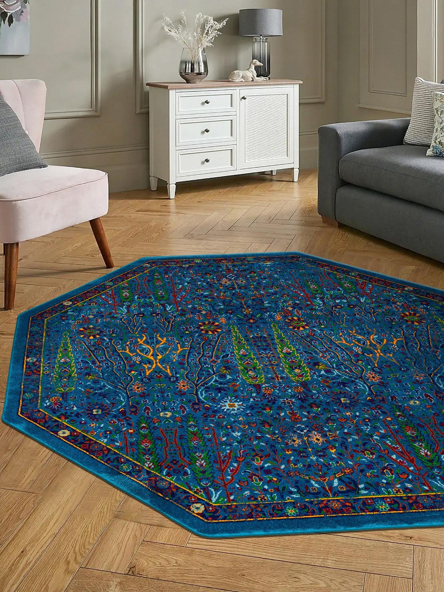 Navy Blue 7' 10 x 7' 10 Calypso Octagon Area Rug 100% Polypropylene With Cotton Backing Colorful Vivid Traditional Design Carpet for Living Office Dining Rooms for Sale at Rug Engine