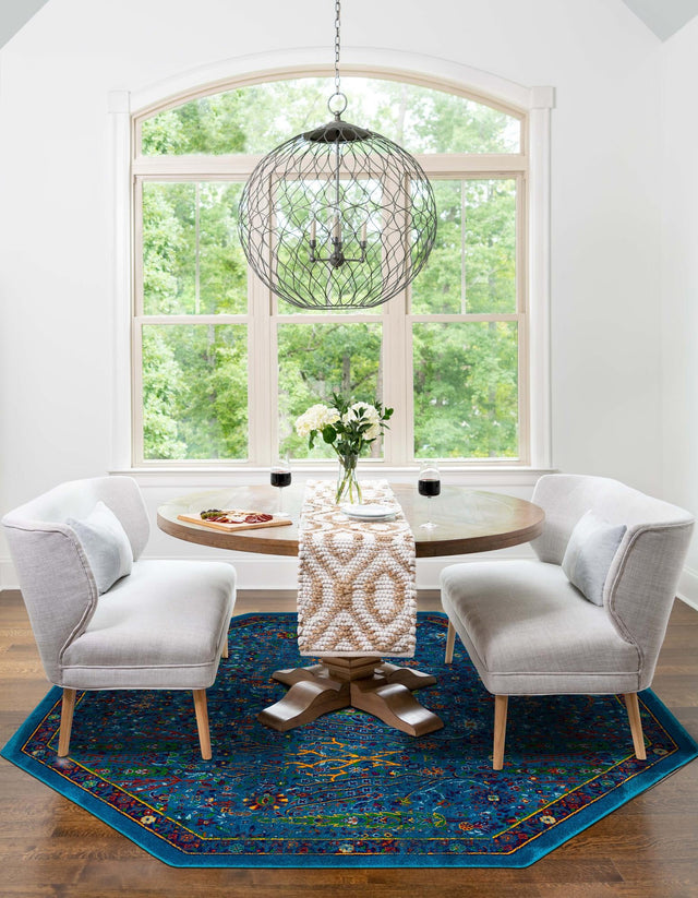 Navy Blue 7' 10 x 7' 10 Calypso Octagon Area Rug 100% Polypropylene With Cotton Backing Colorful Vivid Traditional Design Carpet for Living Office Dining Rooms for Sale at Rug Engine