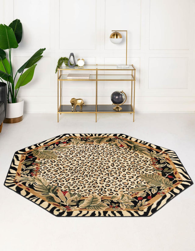 Cream 5' 3 x 5' 3 Wildlife Octagon Area Rug Animal Print Safari Jungle Inspired Carpet for Unique Modern Interior Design for Sale at Rug Engine