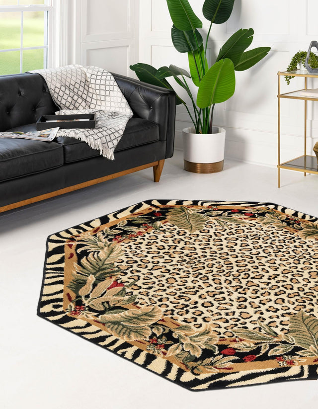 Cream 7' 10 x 7' 10 Wildlife Octagon Area Rug Animal Print Safari Jungle Inspired Carpet for Unique Modern Interior Design for Sale at Rug Engine