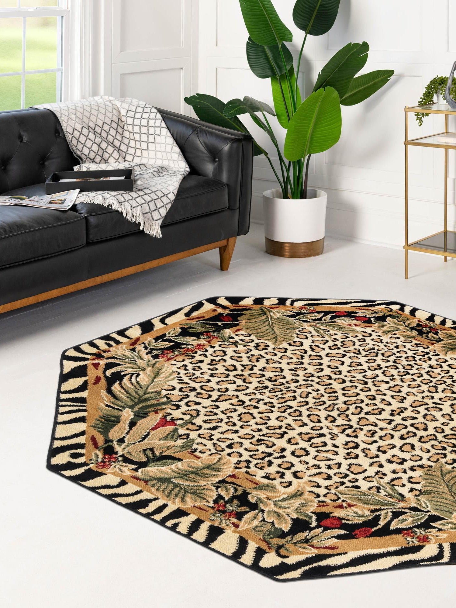 Cream 5' 3 x 5' 3 Wildlife Octagon Area Rug Animal Print Safari Jungle Inspired Carpet for Unique Modern Interior Design for Sale at Rug Engine