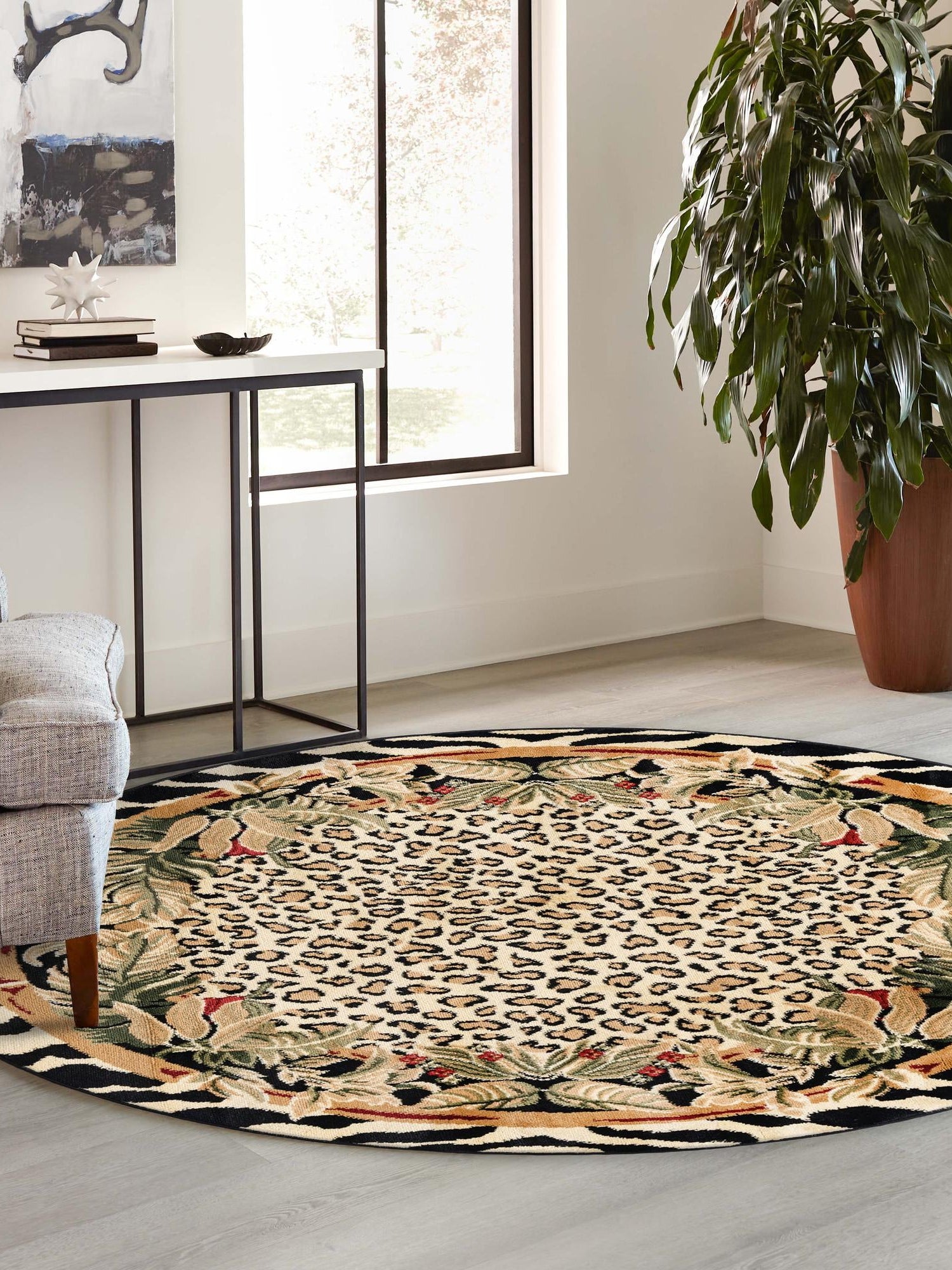 Cream 7' 10 x 7' 10 Wildlife Round Area Rug Animal Print Safari Jungle Inspired Carpet for Unique Modern Interior Design for Sale at Rug Engine