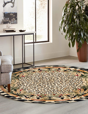 Cream 7' 10 x 7' 10 Wildlife Round Area Rug Animal Print Safari Jungle Inspired Carpet for Unique Modern Interior Design for Sale at Rug Engine