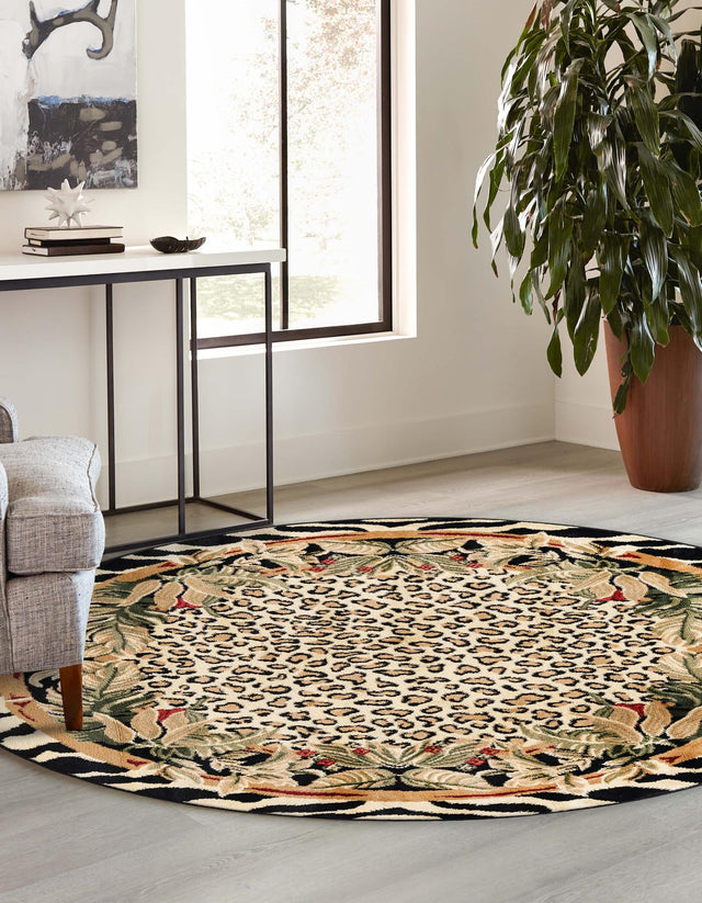 Cream 7' 10 x 7' 10 Wildlife Round Area Rug Animal Print Safari Jungle Inspired Carpet for Unique Modern Interior Design for Sale at Rug Engine