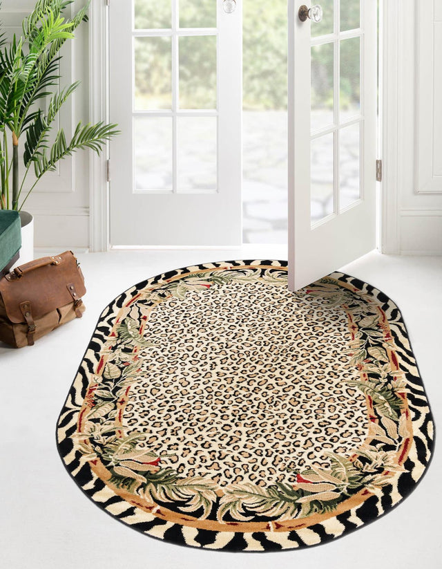 Cream 4' 1 x 6' 1 Wildlife Oval Area Rug Animal Print Safari Jungle Inspired Carpet for Unique Modern Interior Design for Sale at Rug Engine