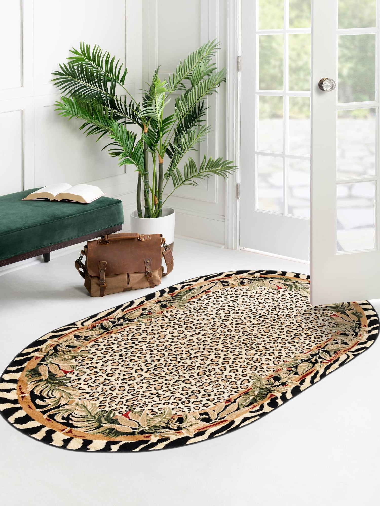 Cream 5' 3 x 8' Wildlife Oval Area Rug Animal Print Safari Jungle Inspired Carpet for Unique Modern Interior Design for Sale at Rug Engine