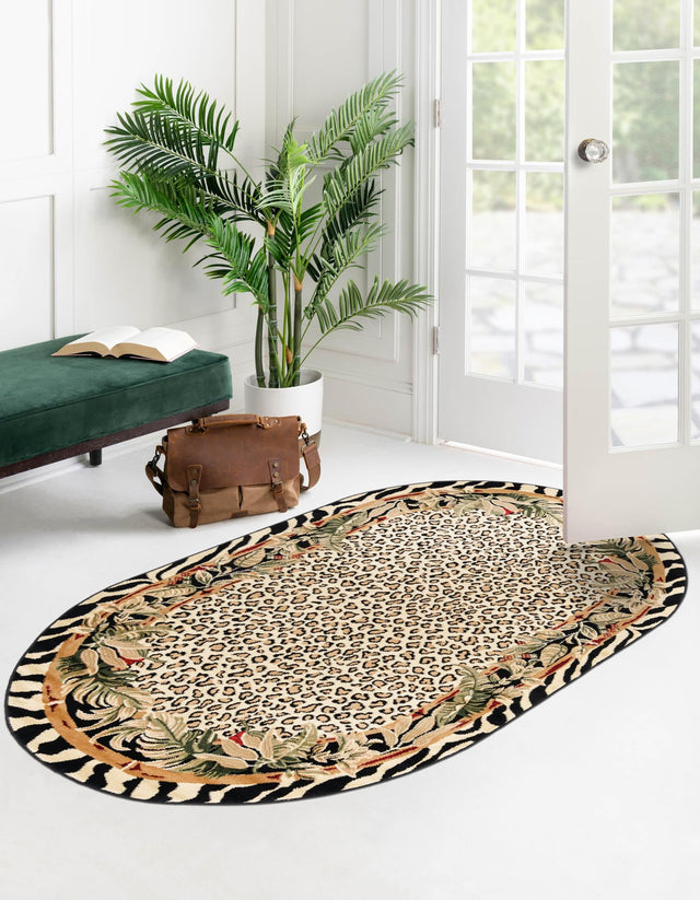 Cream 5' 3 x 8' Wildlife Oval Area Rug Animal Print Safari Jungle Inspired Carpet for Unique Modern Interior Design for Sale at Rug Engine
