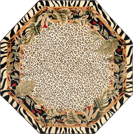 Cream 7' 10 x 7' 10 Wildlife Octagon Area Rug Animal Print Safari Jungle Inspired Carpet for Unique Modern Interior Design for Sale at Rug Engine