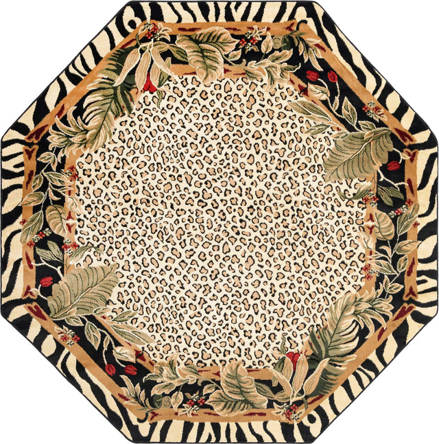Cream 7' 10 x 7' 10 Wildlife Octagon Area Rug Animal Print Safari Jungle Inspired Carpet for Unique Modern Interior Design for Sale at Rug Engine