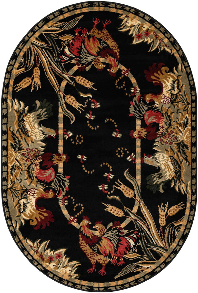 Black 4' 1 x 6' 1 Barnyard Oval Area Rug 100% Polypropylene With Cotton Backing Traditional Cottage Rustic Classical Carpet for Living Office Bedroom Dining Room Easy to Clean Long Lasting & Durable Decor for Sale at Rug Engine