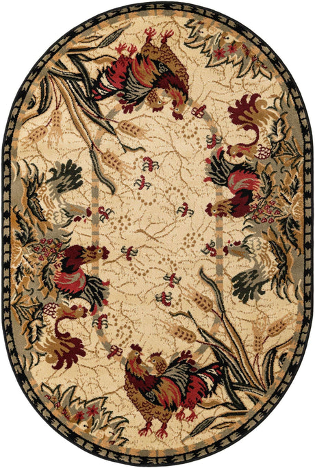 Cream 4' 1 x 6' 1 Barnyard Oval Area Rug 100% Polypropylene With Cotton Backing Traditional Cottage Rustic Classical Carpet for Living Office Bedroom Dining Room Easy to Clean Long Lasting & Durable Decor for Sale at Rug Engine