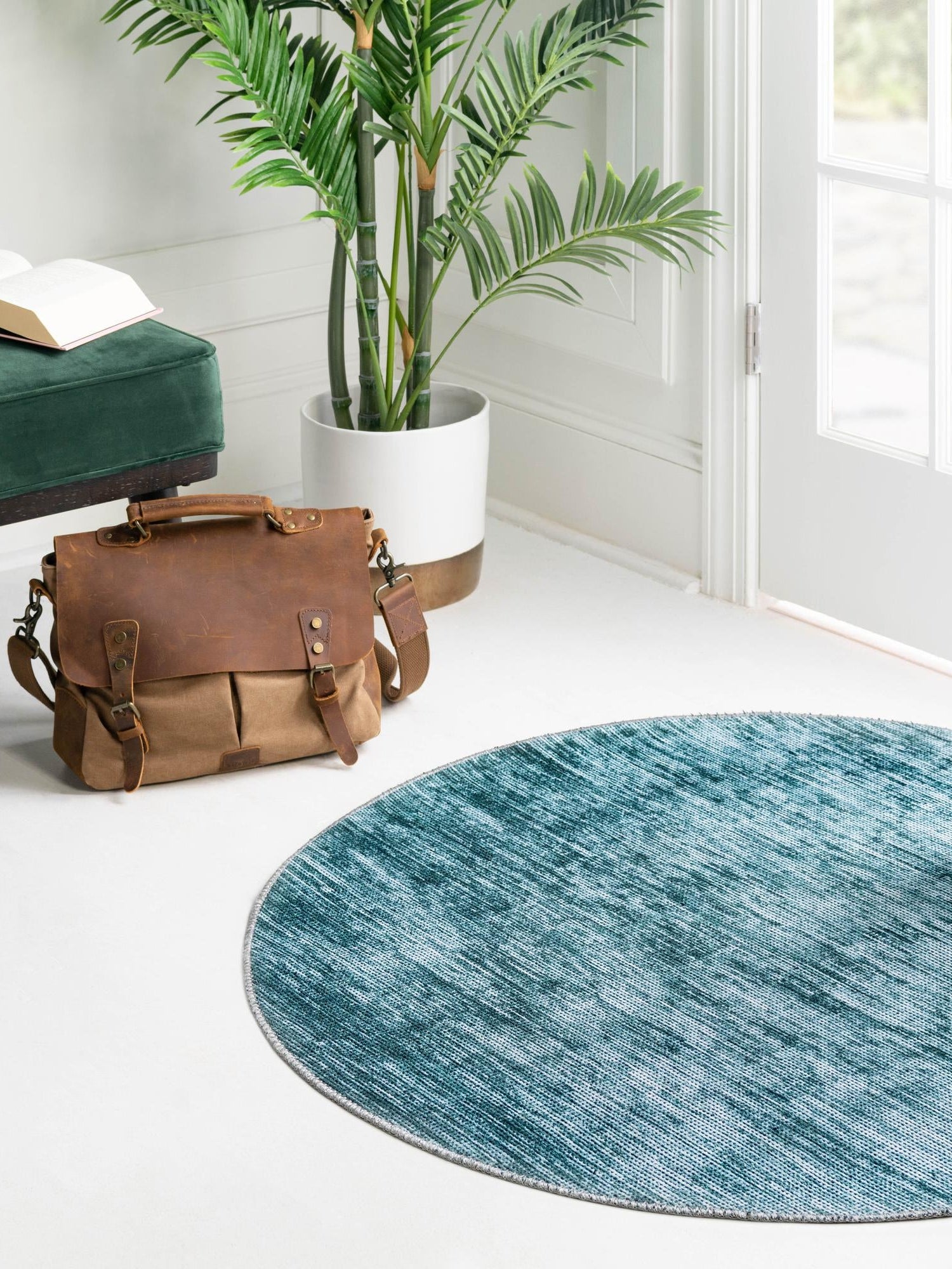 Teal 5' x 5' Asha Round Area Rug 100% Chenille Cotton Easy Clean Indoor Living Dining Bedroom Office Carpet for Sale at Rug Engine