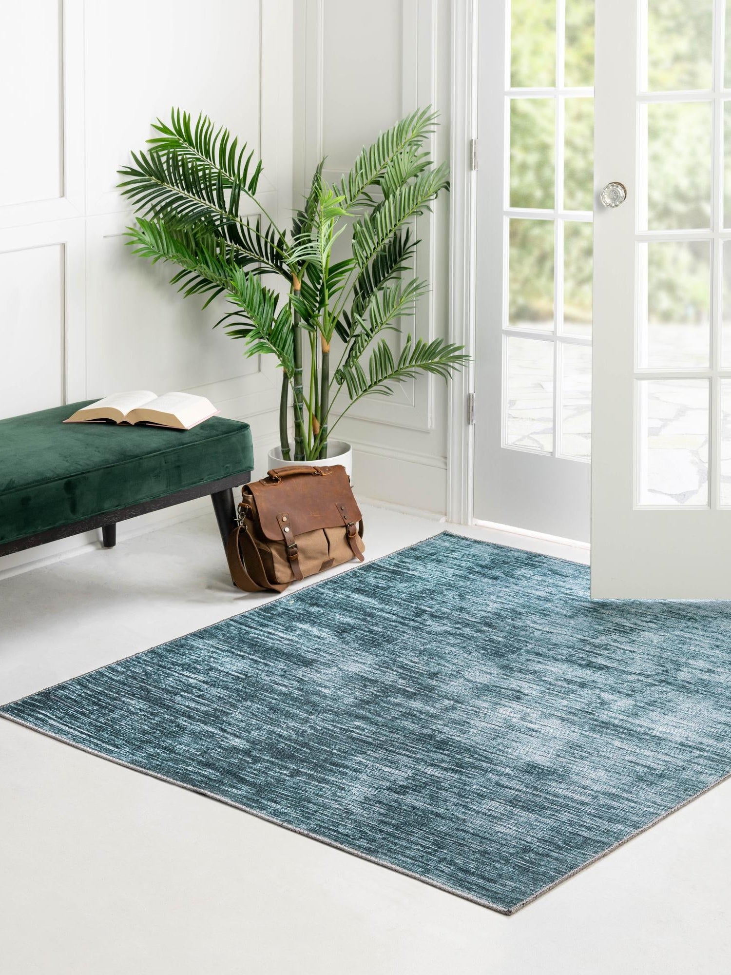 Teal 5' x 5' Asha Square Area Rug 100% Chenille Cotton Easy Clean Indoor Living Dining Bedroom Office Carpet for Sale at Rug Engine
