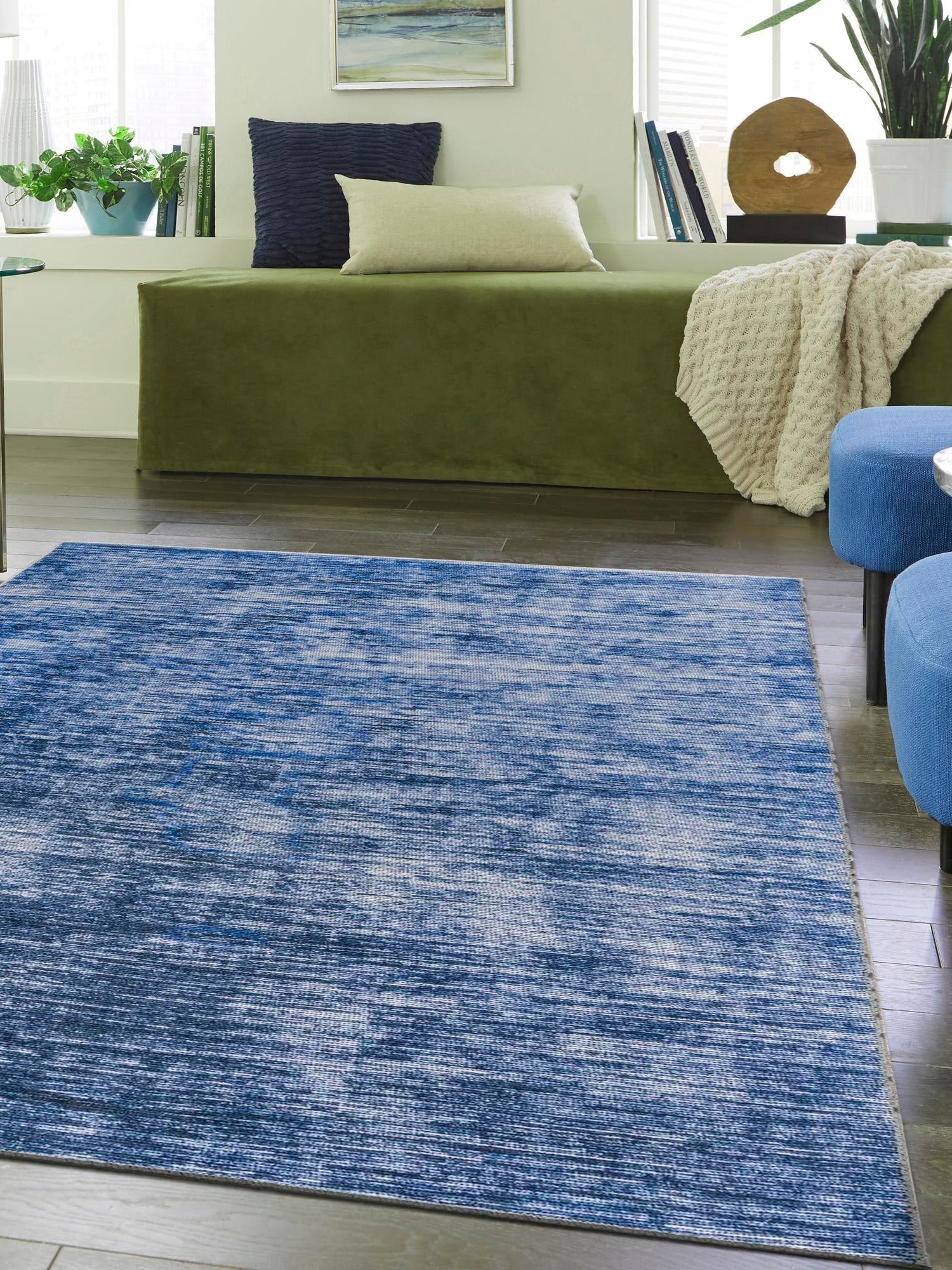 Blue 4' x 6' Asha Rectangle Area Rug 100% Chenille Cotton Easy Clean Indoor Living Dining Bedroom Office Carpet for Sale at Rug Engine