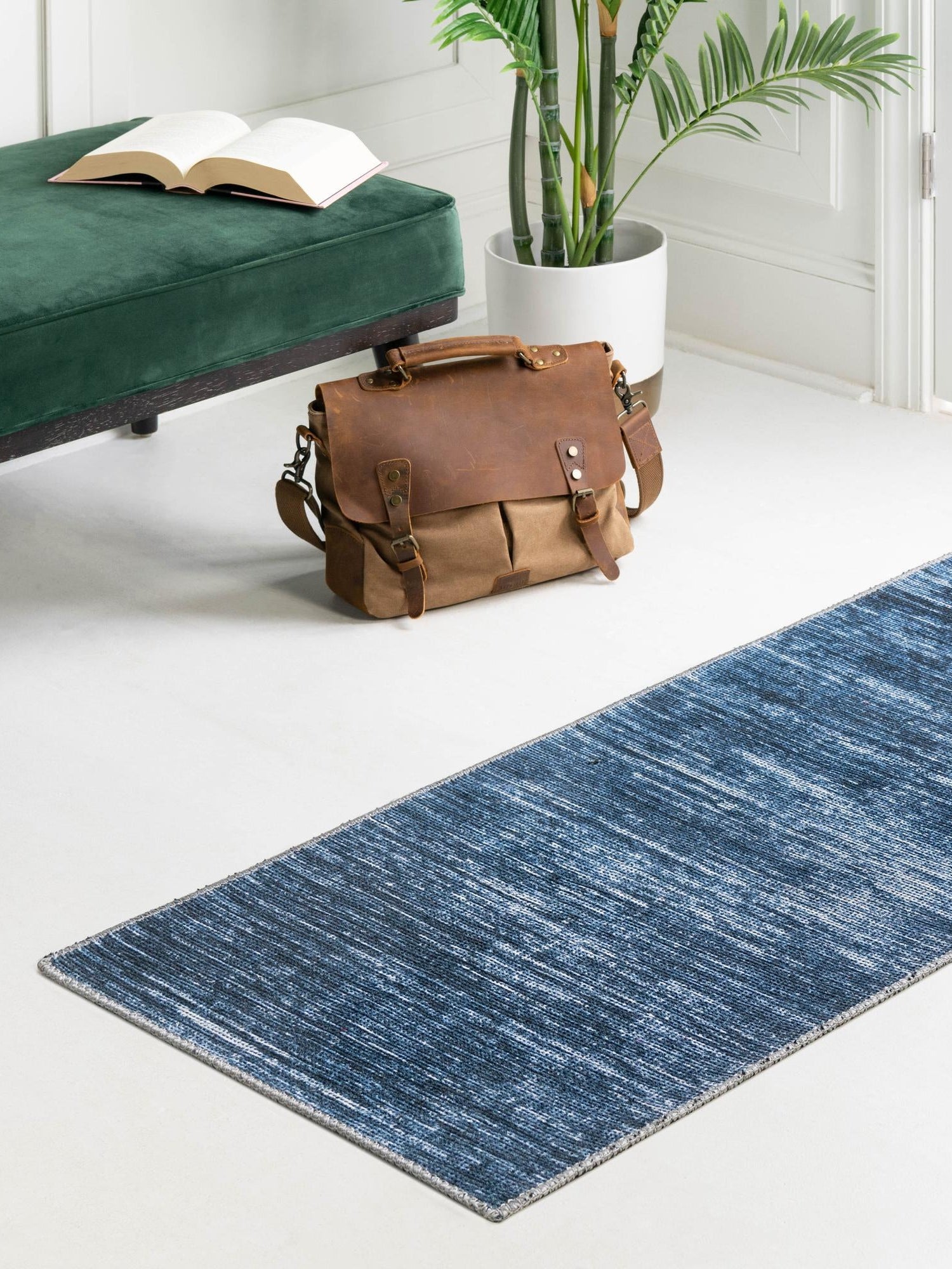 Blue 2' x 5' Asha Runner Area Rug 100% Chenille Cotton Easy Clean Indoor Living Dining Bedroom Office Carpet for Sale at Rug Engine