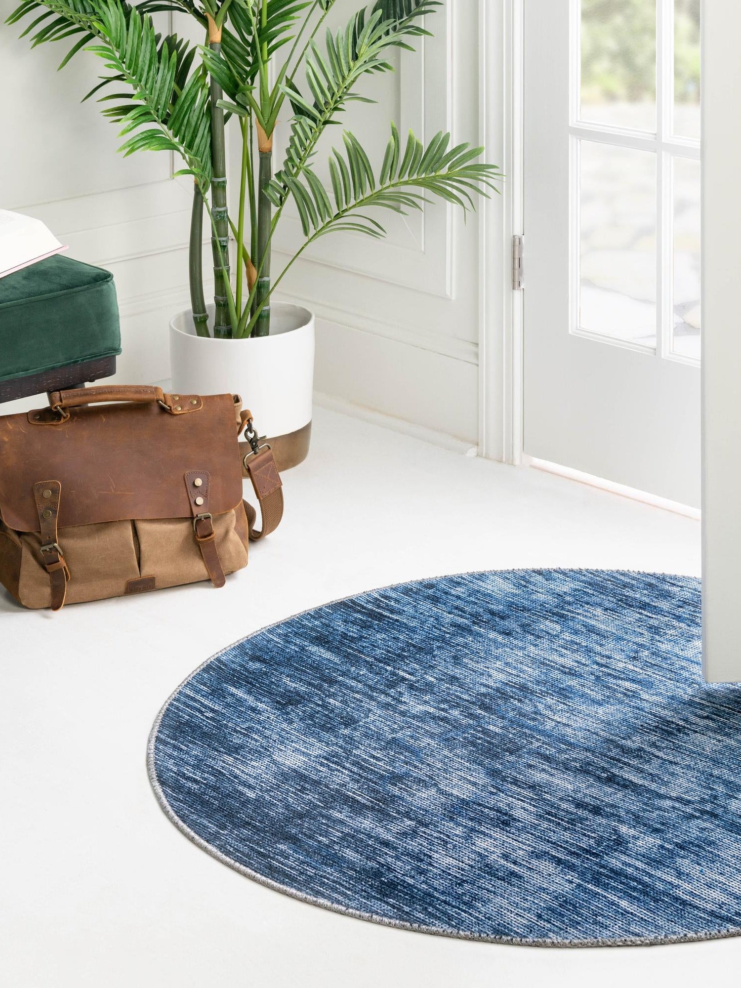 Blue 3' 6 x 3' 6 Asha Round Area Rug 100% Chenille Cotton Easy Clean Indoor Living Dining Bedroom Office Carpet for Sale at Rug Engine