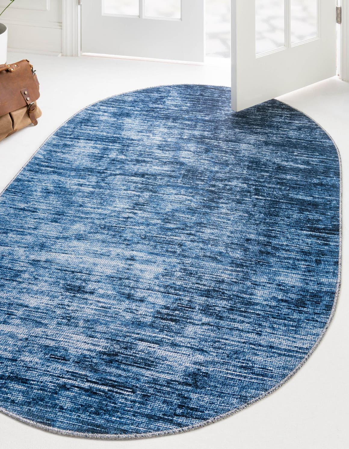 Blue 3' 6 x 5' 6 Asha Oval Area Rug 100% Chenille Cotton Easy Clean Indoor Living Dining Bedroom Office Carpet for Sale at Rug Engine