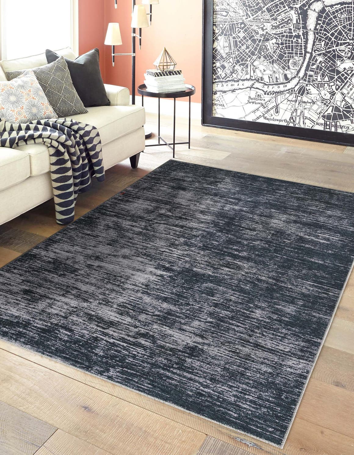 Black 5' x 8' Asha Rectangle Area Rug 100% Chenille Cotton Easy Clean Indoor Living Dining Bedroom Office Carpet for Sale at Rug Engine