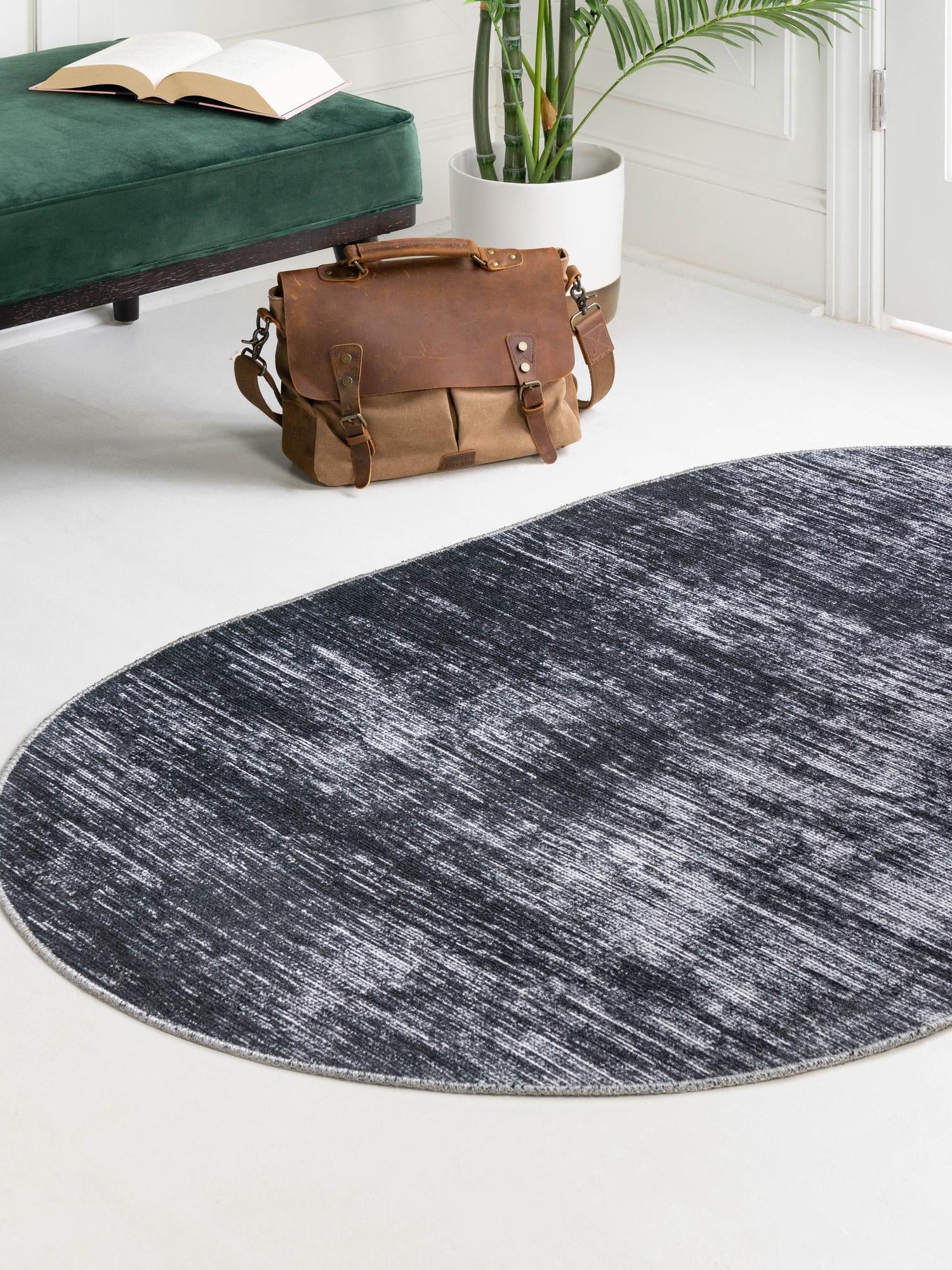 Black 4' x 6' Asha Oval Area Rug 100% Chenille Cotton Easy Clean Indoor Living Dining Bedroom Office Carpet for Sale at Rug Engine