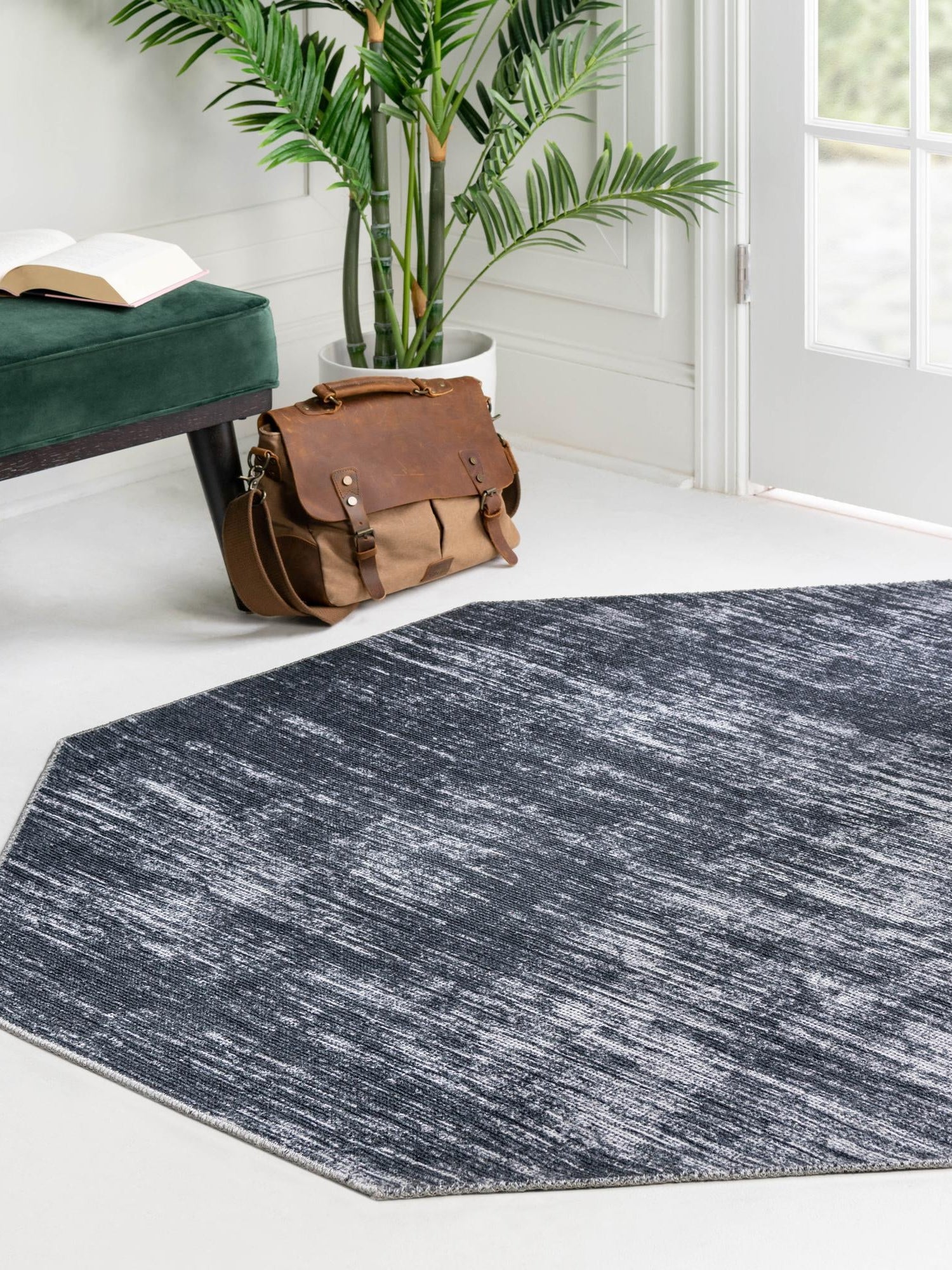 Black 7' 7 x 7' 7 Asha Octagon Area Rug 100% Chenille Cotton Easy Clean Indoor Living Dining Bedroom Office Carpet for Sale at Rug Engine