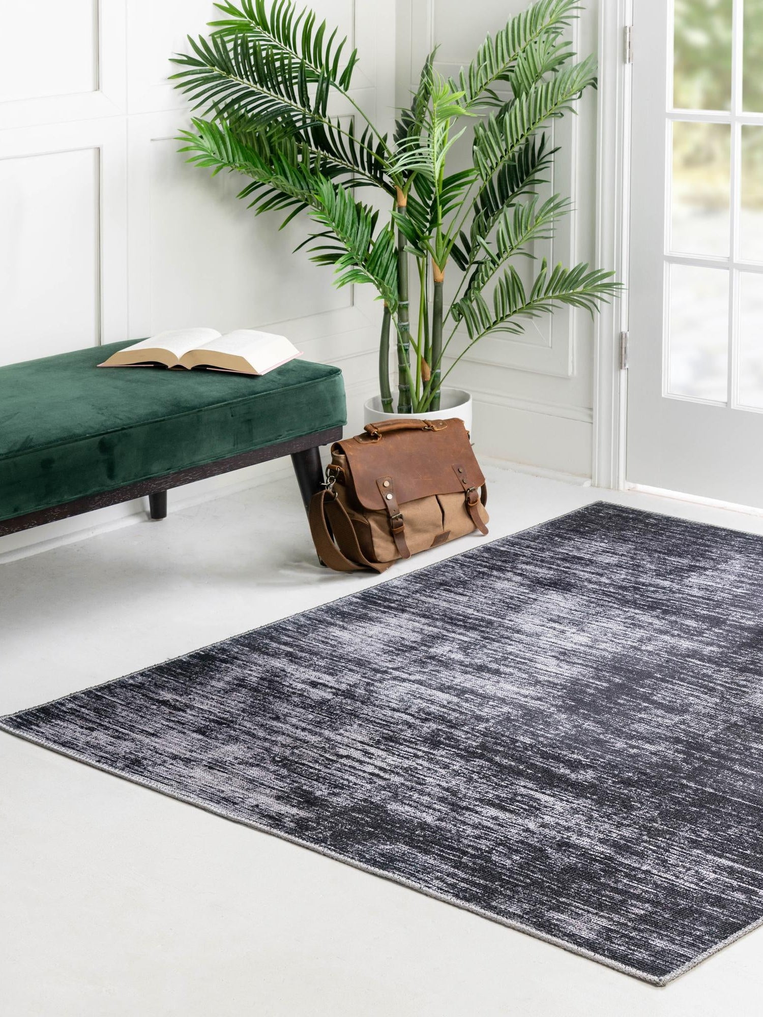 Black 5' x 5' Asha Square Area Rug 100% Chenille Cotton Easy Clean Indoor Living Dining Bedroom Office Carpet for Sale at Rug Engine