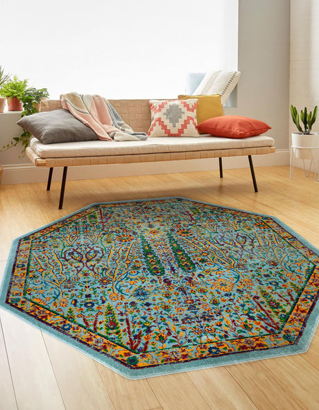 Aqua 7' 10 x 7' 10 Calypso Octagon Area Rug 100% Polypropylene With Cotton Backing Colorful Vivid Traditional Design Carpet for Living Office Dining Rooms for Sale at Rug Engine