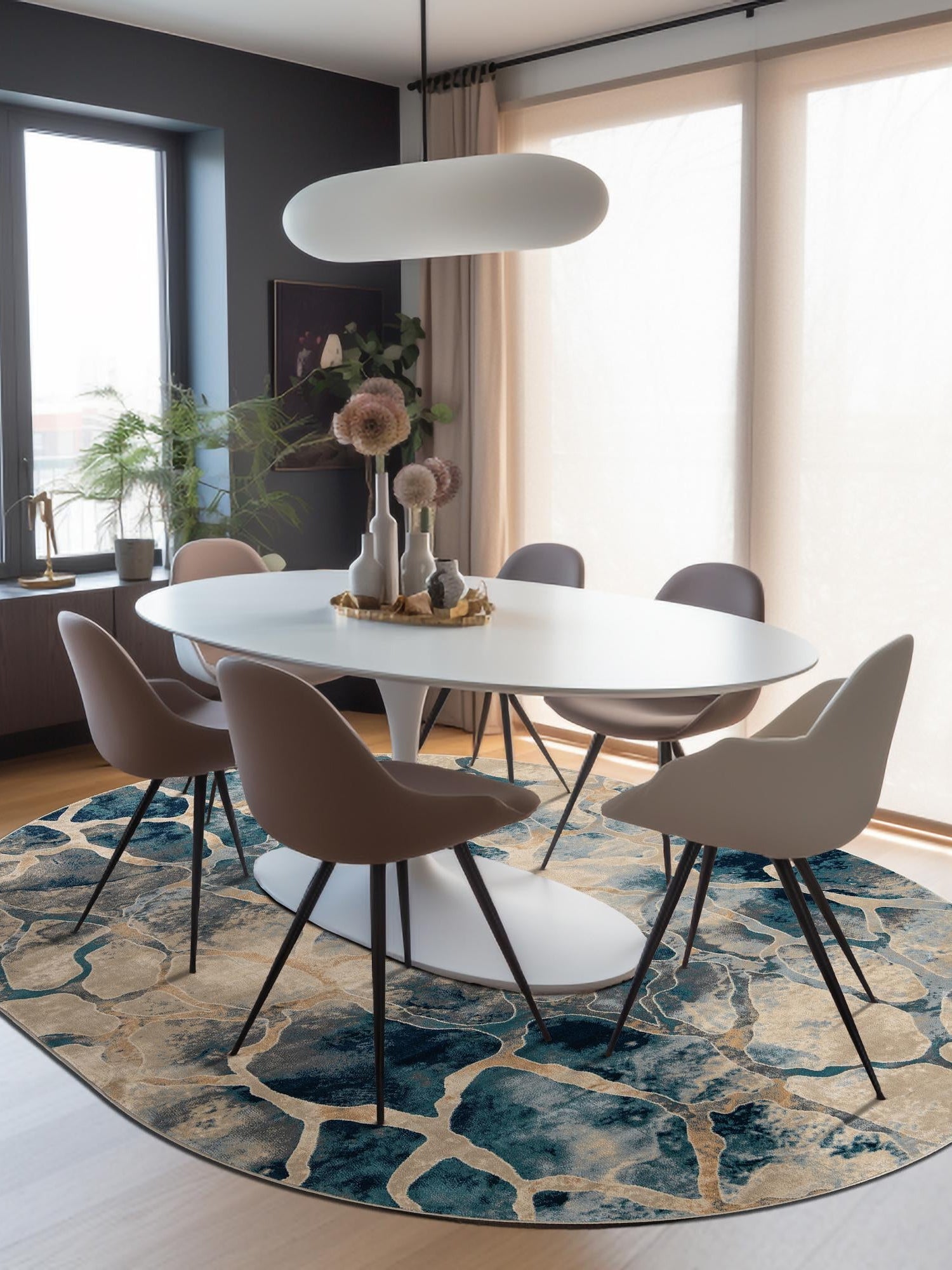 Navy Blue 6' 1 x 9' Mystic Oval Area Rug 100% Polypropylene Abstract Modern Carpet for Living Rooms, Dining, Bedrooms, Office for Sale at Rug Engine