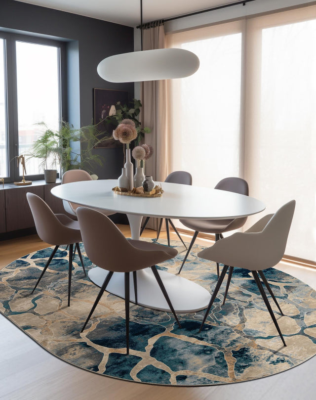 Navy Blue 6' 1 x 9' Mystic Oval Area Rug 100% Polypropylene Abstract Modern Carpet for Living Rooms, Dining, Bedrooms, Office for Sale at Rug Engine