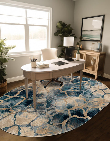 Navy Blue 6' 1 x 9' Mystic Oval Area Rug 100% Polypropylene Abstract Modern Carpet for Living Rooms, Dining, Bedrooms, Office for Sale at Rug Engine