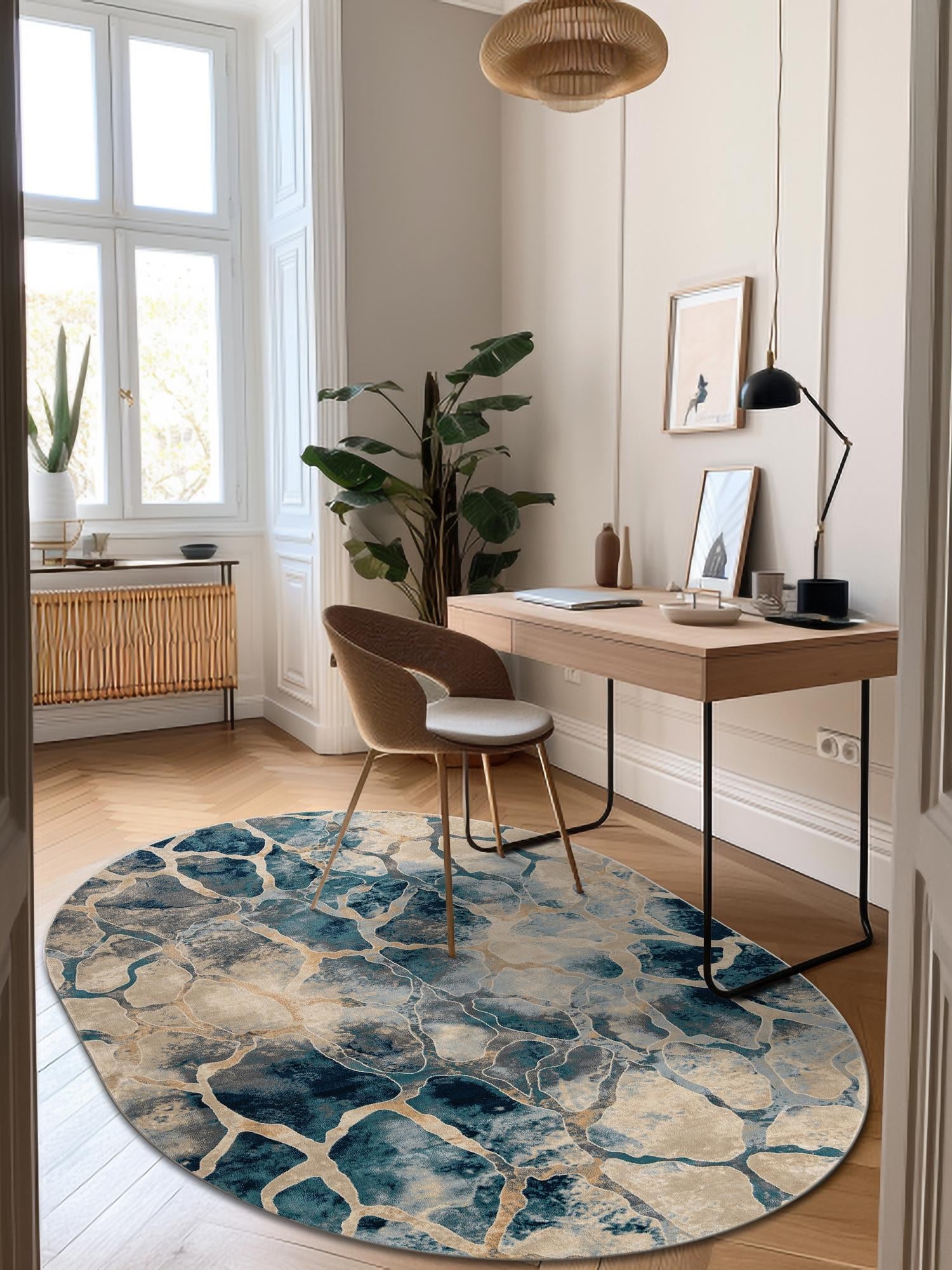 Navy Blue 6' 1 x 9' Mystic Oval Area Rug 100% Polypropylene Abstract Modern Carpet for Living Rooms, Dining, Bedrooms, Office for Sale at Rug Engine