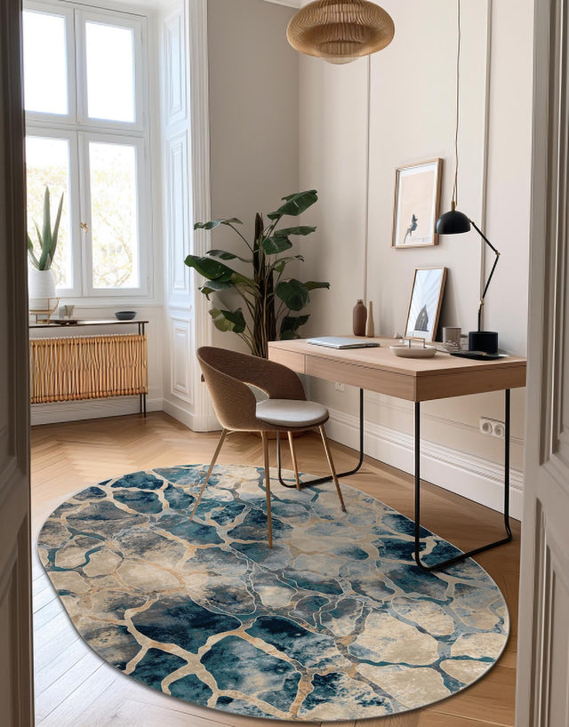 Navy Blue 6' 1 x 9' Mystic Oval Area Rug 100% Polypropylene Abstract Modern Carpet for Living Rooms, Dining, Bedrooms, Office for Sale at Rug Engine