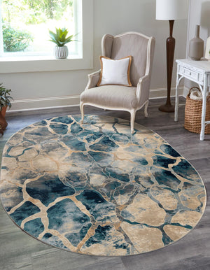 Navy Blue 6' 1 x 9' Mystic Oval Area Rug 100% Polypropylene Abstract Modern Carpet for Living Rooms, Dining, Bedrooms, Office for Sale at Rug Engine