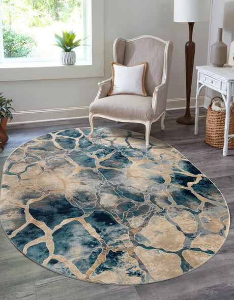 Navy Blue 6' 1 x 9' Mystic Oval Area Rug 100% Polypropylene Abstract Modern Carpet for Living Rooms, Dining, Bedrooms, Office for Sale at Rug Engine