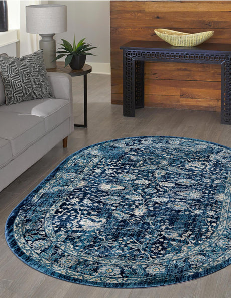 Navy Blue 6' 1 x 9' Oslo Oval Area Rug 100% Polypropylene Traditional Classic Vintage Distressed Carpet for Indoor Home Decor for Sale at Rug Engine