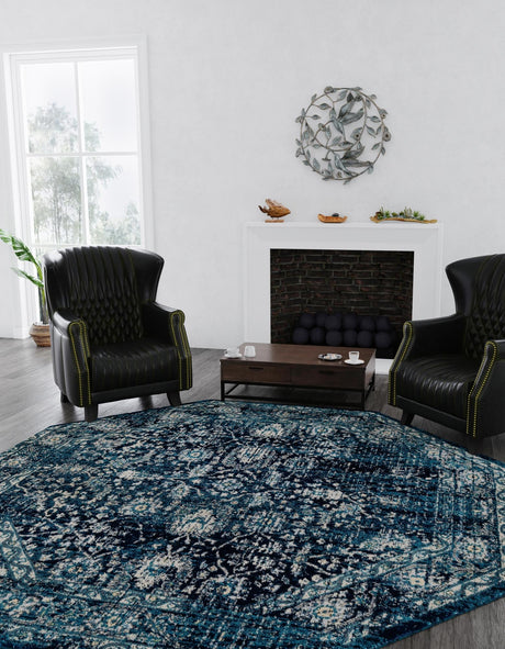 Navy Blue 7' 10 x 7' 10 Oslo Octagon Area Rug 100% Polypropylene Traditional Classic Vintage Distressed Carpet for Indoor Home Decor for Sale at Rug Engine