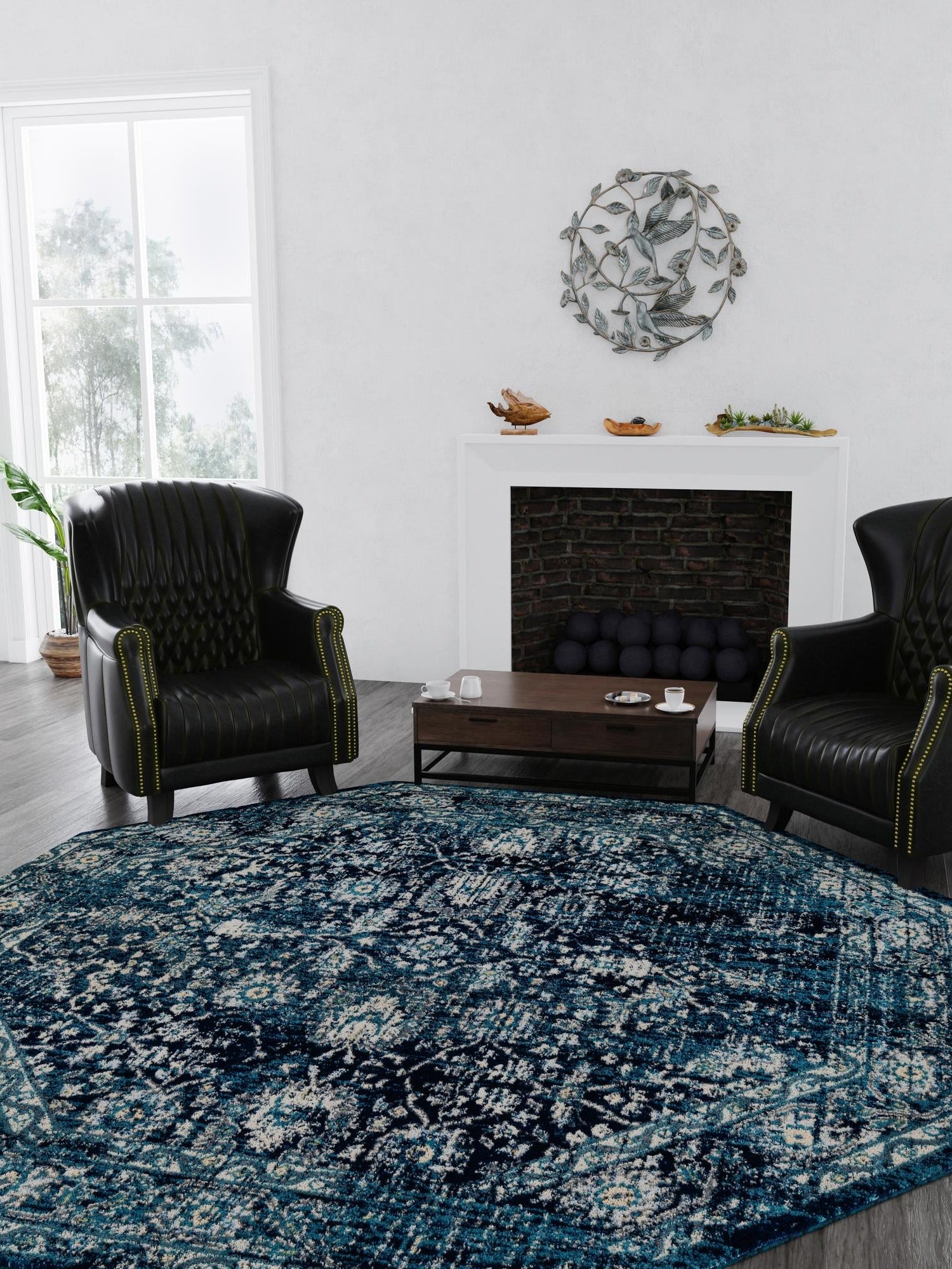 Navy Blue 5' 3 x 5' 3 Oslo Octagon Area Rug 100% Polypropylene Traditional Classic Vintage Distressed Carpet for Indoor Home Decor for Sale at Rug Engine