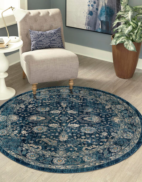 Navy Blue 5' 3 x 5' 3 Oslo Round Area Rug 100% Polypropylene Traditional Classic Vintage Distressed Carpet for Indoor Home Decor for Sale at Rug Engine