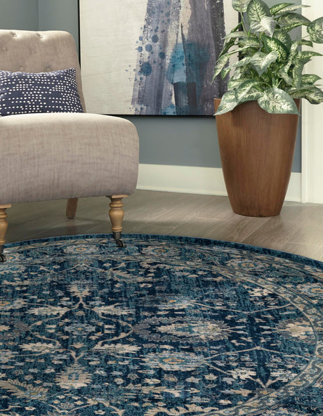 Navy Blue 7' 10 x 7' 10 Oslo Round Area Rug 100% Polypropylene Traditional Classic Vintage Distressed Carpet for Indoor Home Decor for Sale at Rug Engine