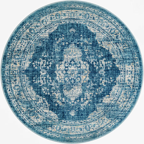Navy Blue 5' 3 x 5' 3 Oslo Round Area Rug 100% Polypropylene Traditional Classic Vintage Distressed Carpet for Indoor Home Decor for Sale at Rug Engine
