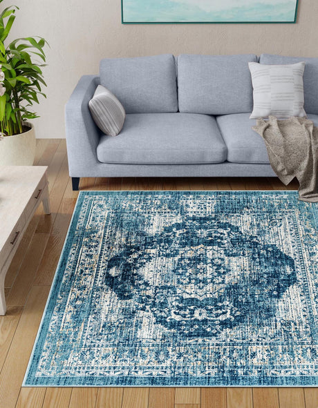 Navy Blue 6' 1 x 6' 1 Oslo Square Area Rug 100% Polypropylene Traditional Classic Vintage Distressed Carpet for Indoor Home Decor for Sale at Rug Engine