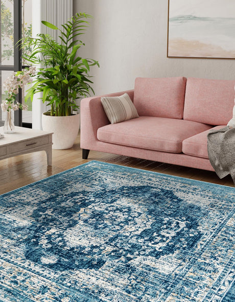 Navy Blue 6' 1 x 6' 1 Oslo Square Area Rug 100% Polypropylene Traditional Classic Vintage Distressed Carpet for Indoor Home Decor for Sale at Rug Engine