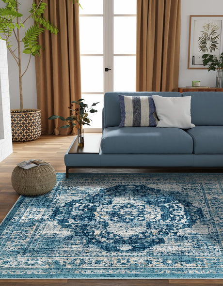 Navy Blue 5' 3 x 5' 3 Oslo Square Area Rug 100% Polypropylene Traditional Classic Vintage Distressed Carpet for Indoor Home Decor for Sale at Rug Engine