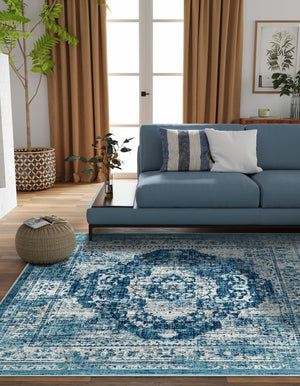 Navy Blue 10' x 10' Oslo Square Area Rug 100% Polypropylene Traditional Classic Vintage Distressed Carpet for Indoor Home Decor for Sale at Rug Engine