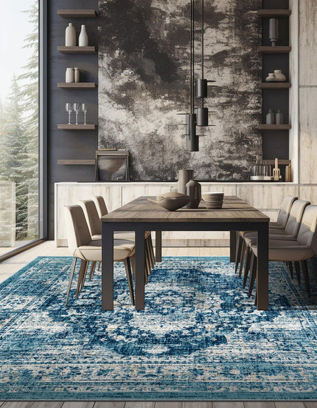 Navy Blue 6' 1 x 6' 1 Oslo Square Area Rug 100% Polypropylene Traditional Classic Vintage Distressed Carpet for Indoor Home Decor for Sale at Rug Engine