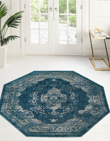 Navy Blue 7' 10 x 7' 10 Oslo Octagon Area Rug 100% Polypropylene Traditional Classic Vintage Distressed Carpet for Indoor Home Decor for Sale at Rug Engine
