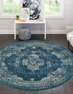 Navy Blue 3' 3 x 3' 3 Oslo Round Area Rug 100% Polypropylene Traditional Classic Vintage Distressed Carpet for Indoor Home Decor for Sale at Rug Engine