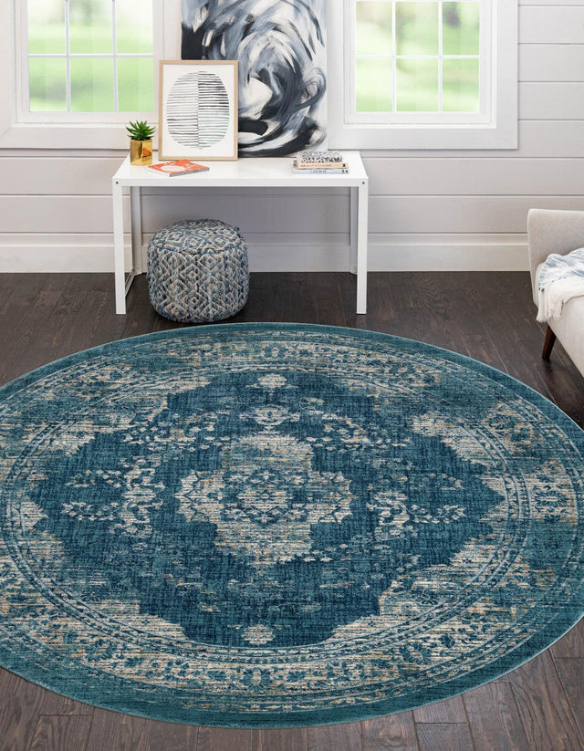 Navy Blue 3' 3 x 3' 3 Oslo Round Area Rug 100% Polypropylene Traditional Classic Vintage Distressed Carpet for Indoor Home Decor for Sale at Rug Engine