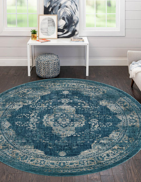 Navy Blue 7' 10 x 7' 10 Oslo Round Area Rug 100% Polypropylene Traditional Classic Vintage Distressed Carpet for Indoor Home Decor for Sale at Rug Engine