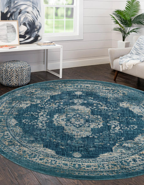 Navy Blue 7' 10 x 7' 10 Oslo Round Area Rug 100% Polypropylene Traditional Classic Vintage Distressed Carpet for Indoor Home Decor for Sale at Rug Engine