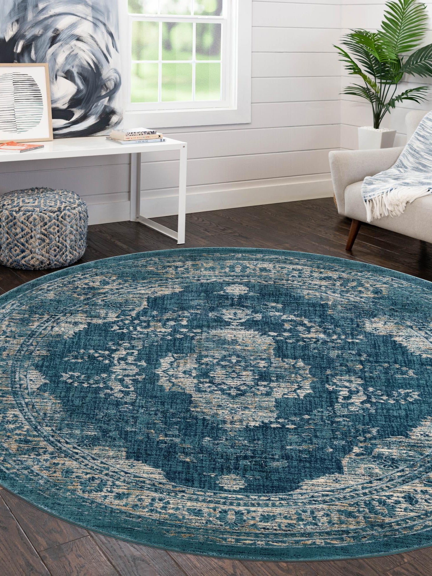 Navy Blue 3' 3 x 3' 3 Oslo Round Area Rug 100% Polypropylene Traditional Classic Vintage Distressed Carpet for Indoor Home Decor for Sale at Rug Engine